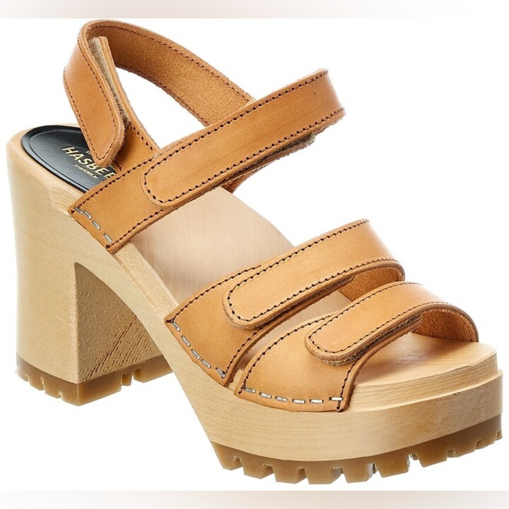 Swedish Hasbeens Tan Leather Mules with Chunky Platform